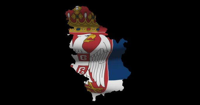 Serbia national flag on map outline, waving animation. 4K alpha channel graphic footage of country shape