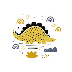 illustration of the dinosaur with roar sign, clouds, sky, rainbows. Kids illustration for posters, prints, t shirt design on white