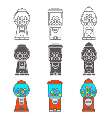 Fototapeta premium Gumball machine icon set. Retro vending dispenser for candies and bubblegums. Sweets slot vector illustration isolated on white background
