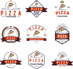 Pizza logo design, retro colored badge, hipster emblem fast food illustration. Classic, vintage pizzeria 9 sign collection - obrazy, fototapety, plakaty