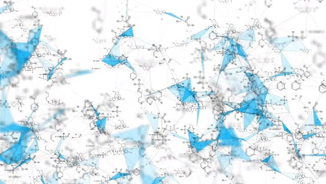 Animation of structural chemical formulas on a white background in abstract digital space.