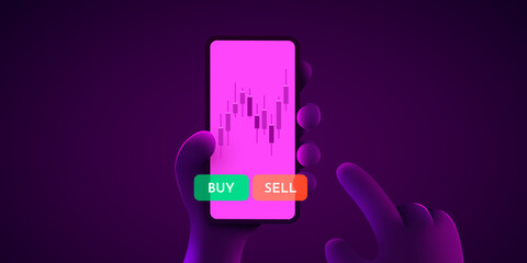 Financial analytics concept. Candlestick chart trading. Business application template. Hand holds a smartphone. Landing page template. Vector illustration.