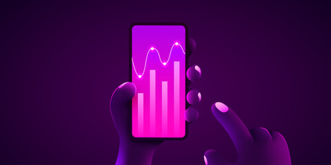 Futuristic hi tech mobile technology concept. Market trend graphs analysis on smartphone. Hand holds phone. Infographic and statistics on screen.