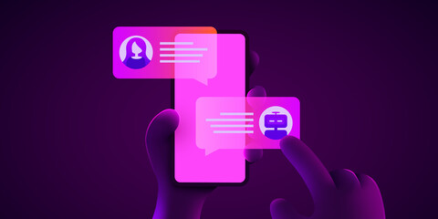 Chat bot concept. Hand holds smartphone and communicates with a chat bot. Futuristic neon style.