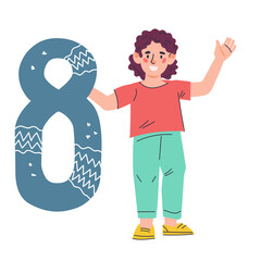 Child learning numbers, counting and mathematics. boy with number 8 in hands. Kids education and math classes, cartoon flat illustration isolated on background.