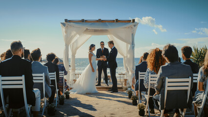 Beautiful Bride and Groom During an Outdoors Wedding Ceremony on an Ocean Beach. Perfect Venue for...