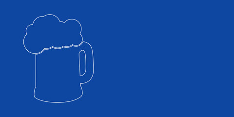 A large white outline mug beer symbol on the left. Designed as thin white lines. Vector illustration on blue background