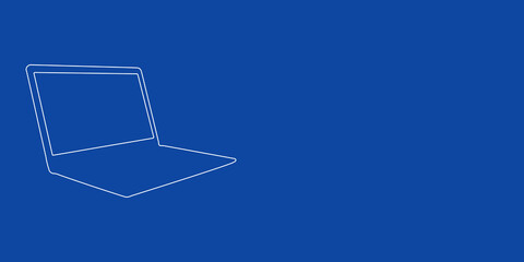 A large white outline notebook symbol on the left. Designed as thin white lines. Vector illustration on blue background