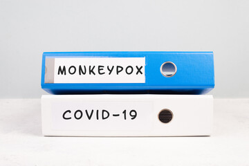 The words monkeypox and Covid-19 are standing on a folder, outbreak of  virus infectious disease,...