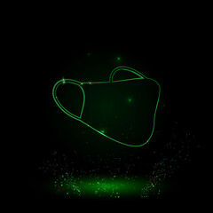 A large green outline mask symbol on the center. Green Neon style. Neon color with shiny stars. Vector illustration on black background