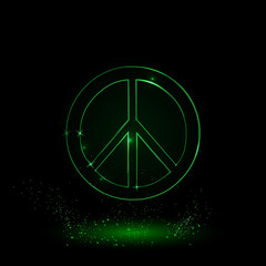 A large green outline peace symbol on the center. Green Neon style. Neon color with shiny stars. Vector illustration on black background