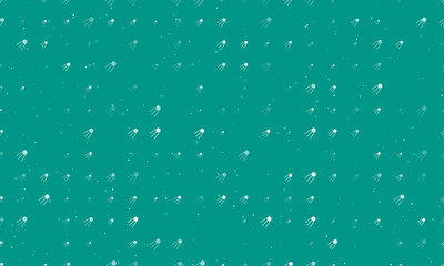 Seamless background pattern of evenly spaced white satellite symbols of different sizes and opacity. Vector illustration on teal background with stars