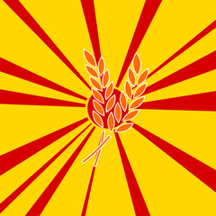 Wheat symbol on a background of red flash explosion radial lines. The large orange symbol is located in the center of the sun, symbolizing the sunrise. Vector illustration on yellow background