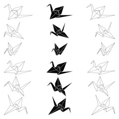 Set of origami crane vector outline, silhouette and dashed illustration icon isolated on white background. Japanese traditional origami crane for infographic, website or app.