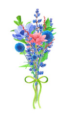 Watercolor illustration of a bouquet of flowers with a ribbon bow on an isolated white background, gerbera branches and lupine, eringium and wild herbs, a picture for congratulations and a gift.