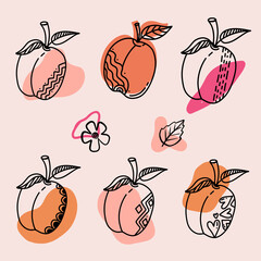 Peach in hand drawn style with abstract shapes. Food eco template for menu, peach jam and juice label, tea banner. Vector illustration