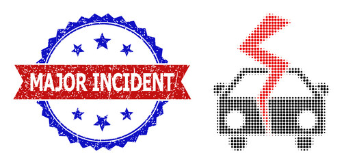 Halftone car crash icon, and bicolor grunge Major Incident seal stamp. Halftone car crash icon is made with small round dots. Vector seal with grunge bicolored style,