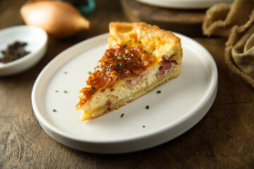 Traditional homemade French quiche with onion and bacon