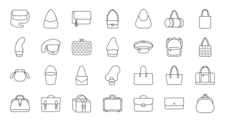 Women bags illustration including icons - purse, handbag, fashion clutch, business briefcase, backpack, leather suitcase, postback, shopper. Thin line art about clothes accessory. Editable Stroke