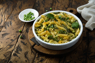 Homemade pasta bake with green pea