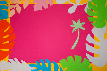 pink background with palm tree surrounded by colorful jungle leaves, tropical design, summer...