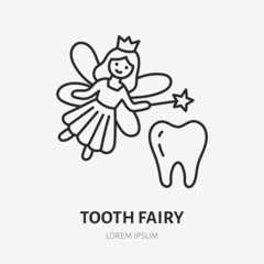 Tooth fairy doodle line icon. Vector thin outline illustration of sprite. Black color linear sign for pediatric, dentistry