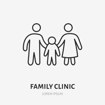 Family clinic doodle line icon. Vector thin outline illustration of father, mother and child. Black color linear sign for medical healthcare
