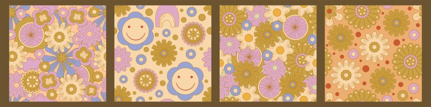 Groovy Y2k Retro Seamless Pattern With Flower 70s Background. Daisy Flower Design. Abstract Trendy Colorful Print. Vector Illustration Graphic. Vintage Print. Psychedelic Wallpaper