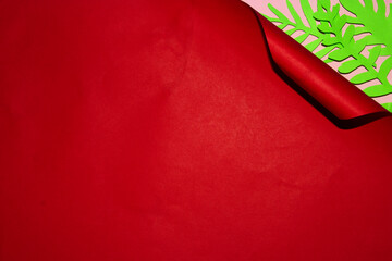 red paper unwraps under it pink paper with small green leaves, creative tropical love design, turn...