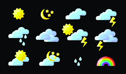 Weather icons set. Symbols of weather and weather events. Sun, clouds, thunderstorm, rain, rainbow, day and night symbols