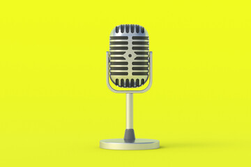 Vintage metallic microphone on yellow background. 3d render