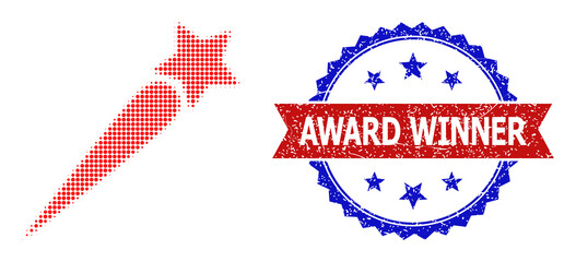 Halftone startup star icon, and bicolor unclean Award Winner watermark. Halftone startup star icon is made with small spheric dots. Vector watermark with retro bicolored style,