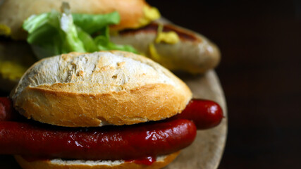 German bratwurst sausages in buns.