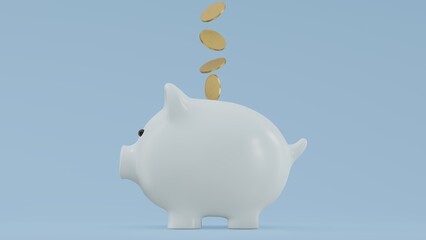 Piggy coin. Golden coins flying and floating to piggy bank for creative financial saving and deposit concept with copy space , 3d render.