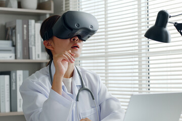 Asian woman doctor using 3d VR virtual reality to analyze medical exam, report in medical office...