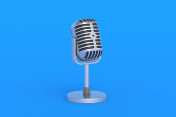 Retro style microphone on blue background. 3d render