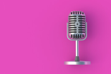 One old metallic microphone on pink background. Radio broadcast. Online interview. Audio recording equipment. New song. Song recording. Karaoke bar. Top view. Copy space. 3d render