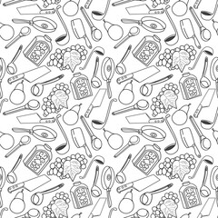 Seamless pattern kitchen tools. A pattern with food and cups. Kitchen accessories line black 