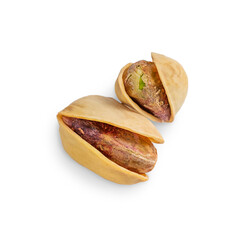 Two pistachio nuts or seeds roasted and salted isolated on white background usually served as snack as rich source of protein, dietary fiber, minerals and vitamins may reduce the risk of heart disease