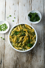 Homemade pasta bake with green pea