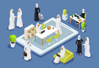 Isometric icons with arab women and arab men. Arab people talking on the phone, Arab businessmen, women dining. Saudi people in workplaces isolated vector illustration