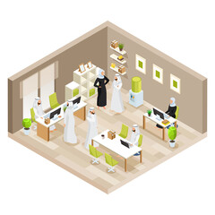 Isometric icons with arab women and arab men. Arab people talking on the phone, Arab businessmen, women dining. Saudi people in workplaces isolated vector illustration