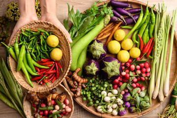 Organic Southeast Asian vegetables from local farmer market in Thailand, Sustainability concept