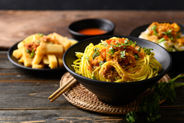 Noodle mixed with spicy tomatoes sauce, Tai Yai food in Northern of Thailand