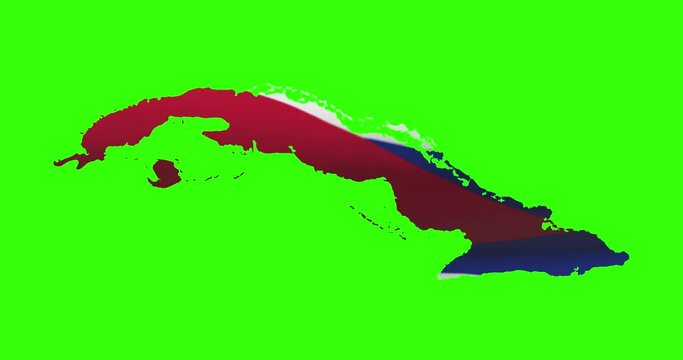 Cuba country shape outline on green screen with national flag waving animation