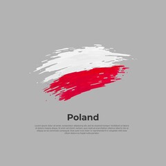 Poland flag. Brush strokes. Colored stripes polish flag on a gray background. Vector design of national poster, template. Copy space. Place for text. State patriotic banner poland, cover