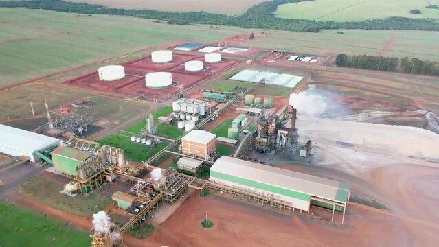 Aerial view on biofuel, sugarcane and ethanol factory