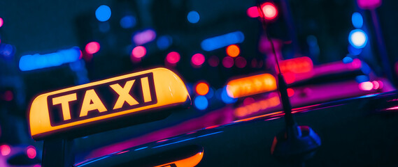 taxi sign in front of colourful city lights at night