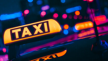 taxi sign on front of colorful night lights in the city