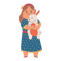Girl hugging rabbit vector cartoon illustration isolated on a white background.